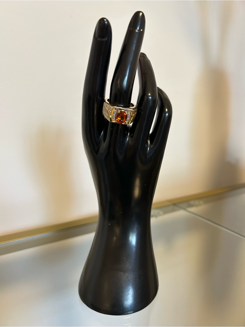 Men’ Ring with Amber Stone and Diamond accents Gold over .925 Sterling Silver